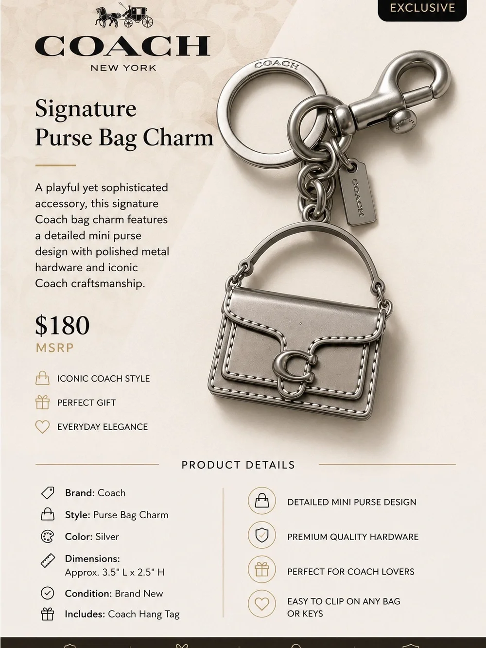 Coach Silver Mini Purse Bag Charm